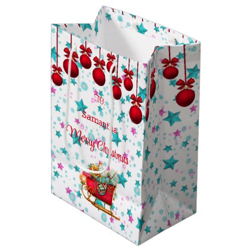 Santa Sleigh Pink Blue Christmas Stars Personalize Medium Gift Bag