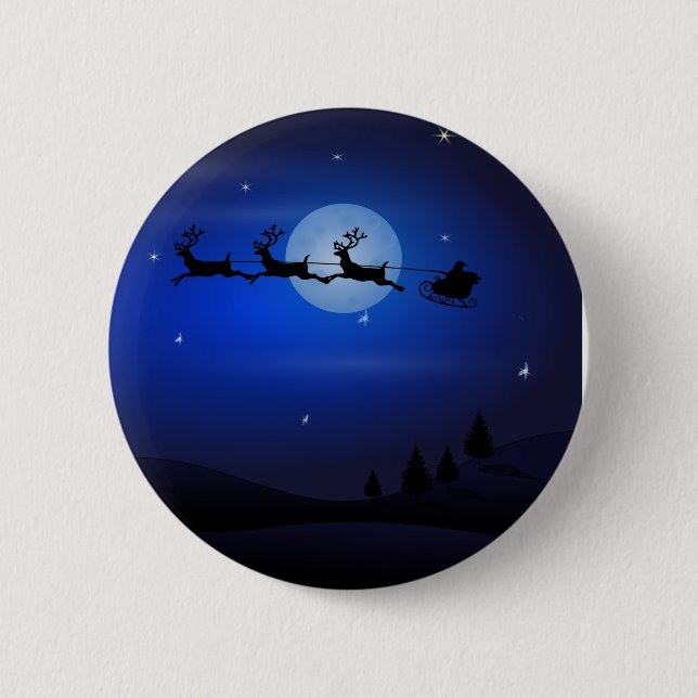 Santa, Sleigh, Reindeer, and Moonlit Landscape Button (Front)