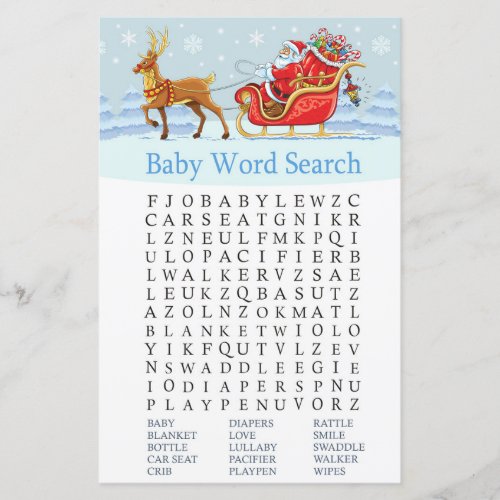 Santa Sleigh Reindeer Baby Shower Word Search Game