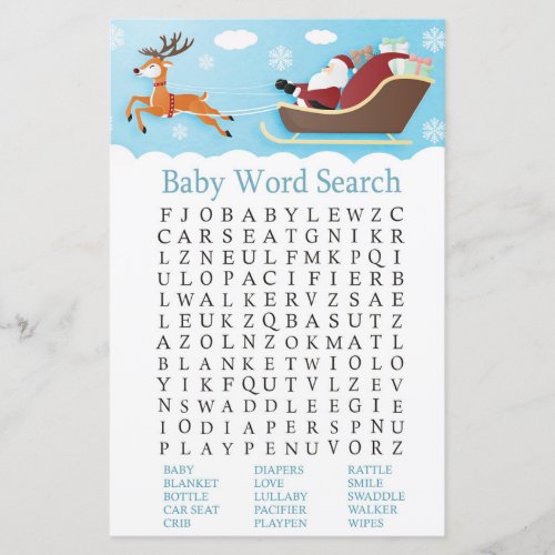 Santa Sleigh Reindeer Baby Shower Word Search Game