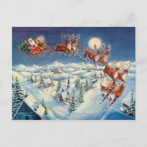 SANTA SLEIGH  REINDEER by SHARON SHARPE Holiday Postcard