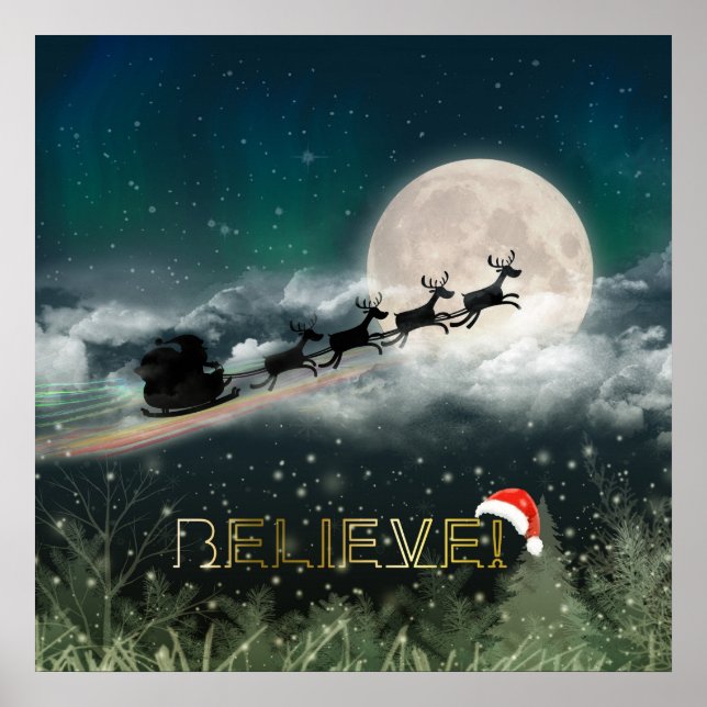 Santa Sleigh Reindeer Christmas Poster Paper (Front)