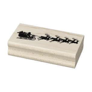 Santa, Sleigh, Reindeer flying night sky Rubber Stamp