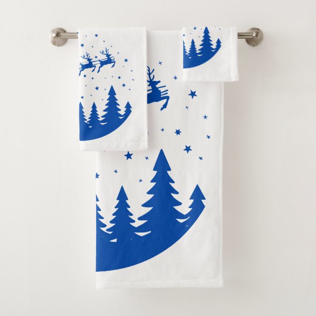 Santa Sleigh Reindeer Flying Over Treetops Cobalt Bath Towel Set (Insitu)