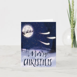 Santa Sleigh Reindeer Full Moon Christmas Card