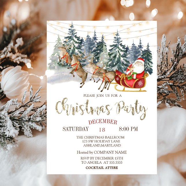  Santa,Sleigh,Reindeers,Forest Christmas Party   Invitation (Creator Uploaded)
