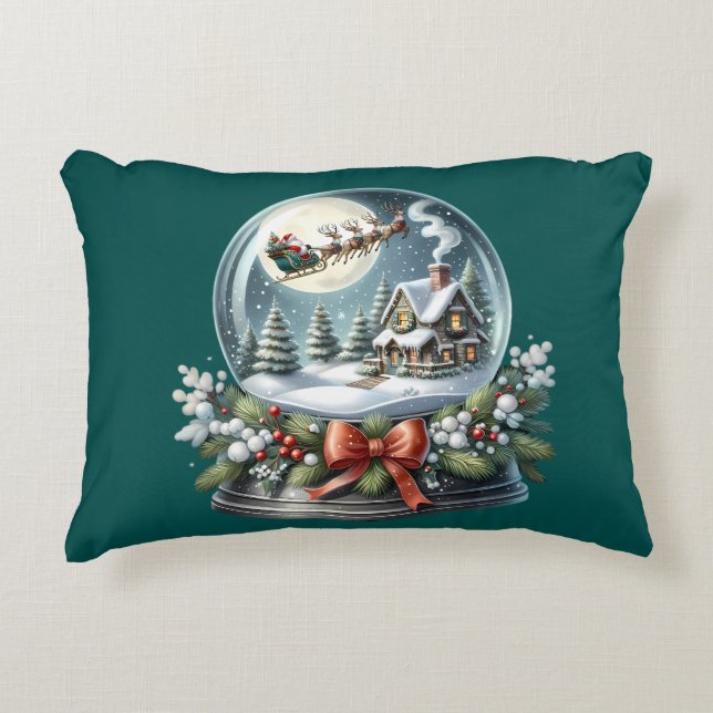 Santa Sleigh Ride in Snow Globe Wonderland Accent Pillow (Front)