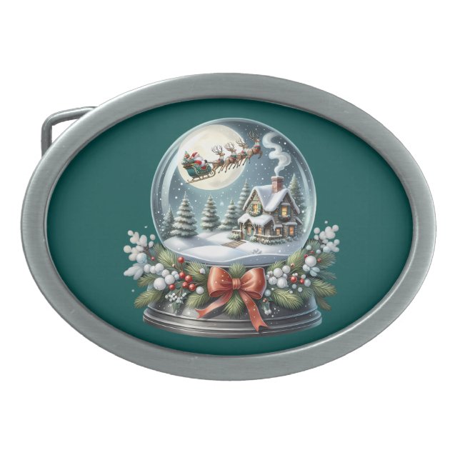 Santa Sleigh Ride in Snow Globe Wonderland Belt Buckle (Front)