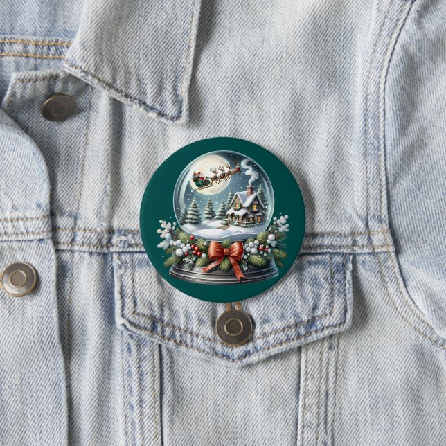 Santa Sleigh Ride in Snow Globe Wonderland Button (In Situ)