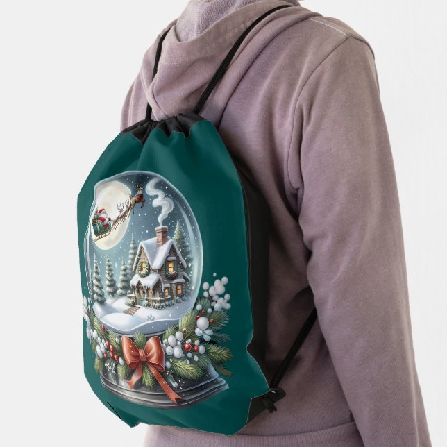 Santa Sleigh Ride in Snow Globe Wonderland Drawstring Bag (Insitu)