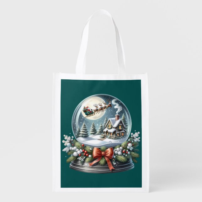 Santa Sleigh Ride in Snow Globe Wonderland Grocery Bag (Front)