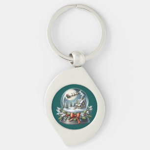 Santa Sleigh Ride in Snow Globe Wonderland Keychain