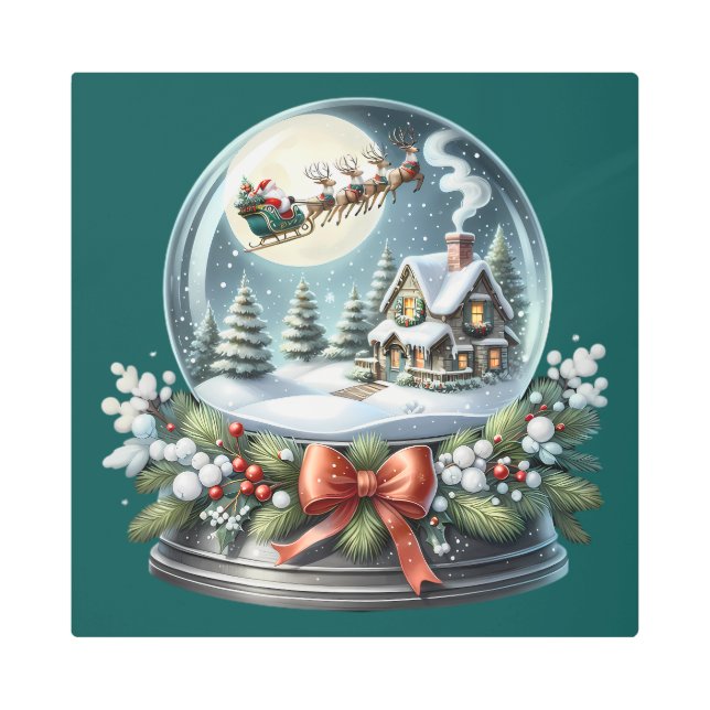 Santa Sleigh Ride in Snow Globe Wonderland Metal Print (Front)