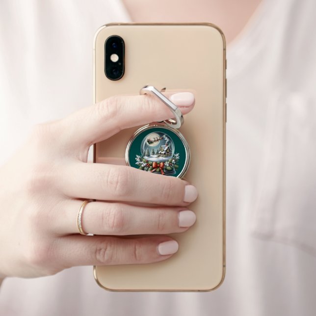 Santa Sleigh Ride in Snow Globe Wonderland Phone Ring Stand (In Situ)