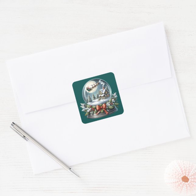 Santa Sleigh Ride in Snow Globe Wonderland Square Sticker (Envelope)