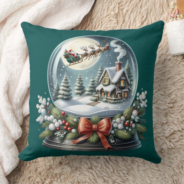 Santa Sleigh Ride in Snow Globe Wonderland Throw Pillow (Blanket)