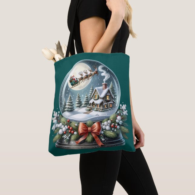 Santa Sleigh Ride in Snow Globe Wonderland Tote Bag (Close Up)