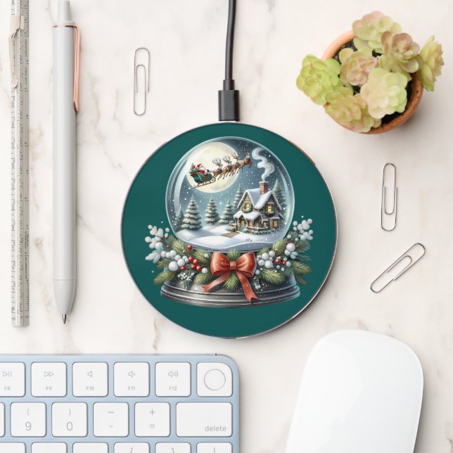 Santa Sleigh Ride in Snow Globe Wonderland Wireless Charger (Desk)