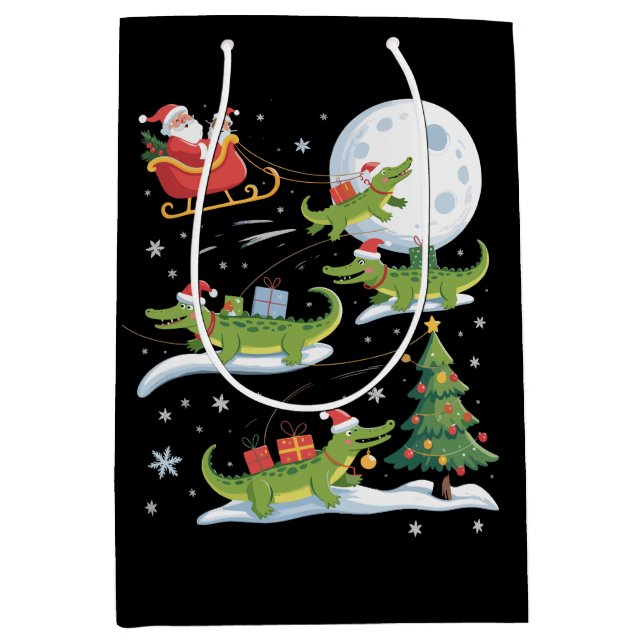 Santa Sleigh Riding Alligator Christmas Funny Xmas Medium Gift Bag (Front)