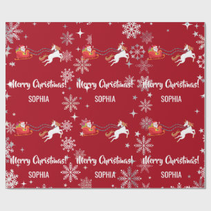 Santa Sleigh Unicorn Snowflakes Personalized Xmas Wrapping Paper