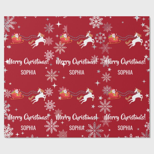 Santa Sleigh Unicorn Snowflakes Personalized Xmas Wrapping Paper (Flat)