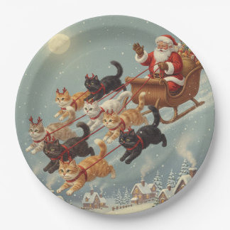 Santa Sleigh with Flying Cats Paper Plates