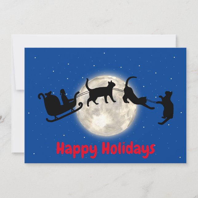 Santa sleigh with funny black cats  holiday card (Front)