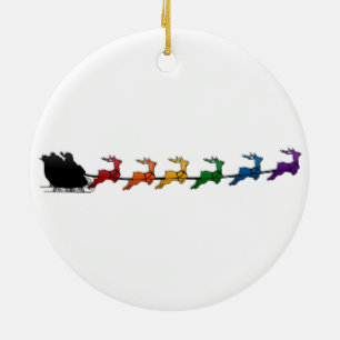 Santa Sleigh with Rainbow Reindeer Ceramic Ornament