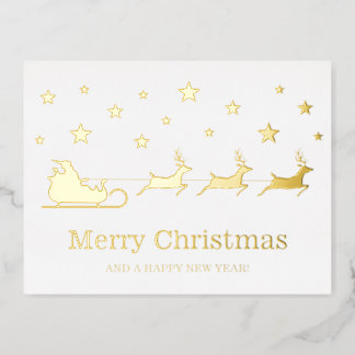 Santa Sleigh With Reindeers - Merry Christmas Foil Holiday Postcard
