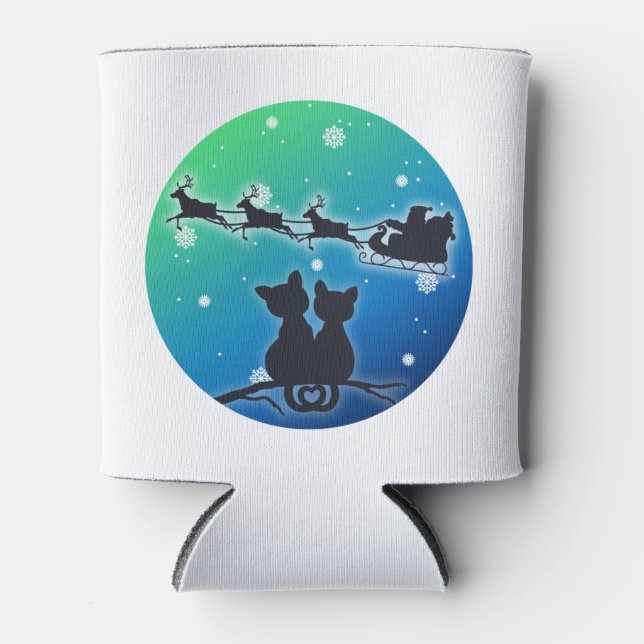 Santa Sleighing With Cat Lovers Funny Xmas Can Cooler (Front)
