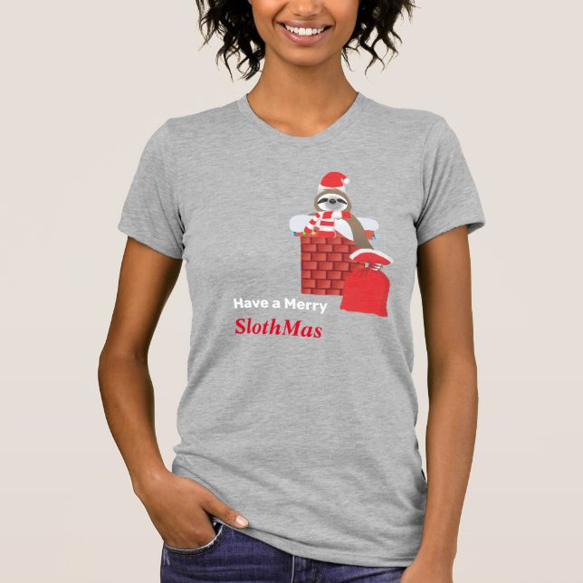 Santa Sloth Going Down the Chimney with Presents T-Shirt (Front)