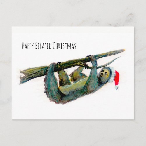 Santa Sloth Happy Belated Christmas Holiday Postcard