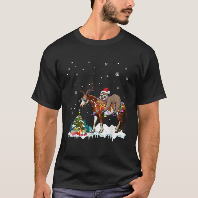 Santa Sloth Riding Horse Reindeer Xmas Light Lover T-Shirt (Front)