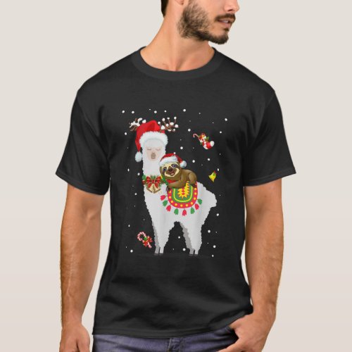 Santa Sloth Riding Llama Pajama Christmas Animal L T_Shirt