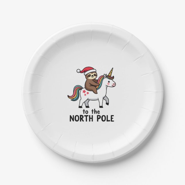 Santa Sloth Riding Unicorn Funny Girl Christmas T- Paper Plates (Front)