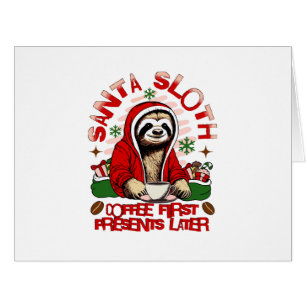 Santa sloth sipping coffee cards