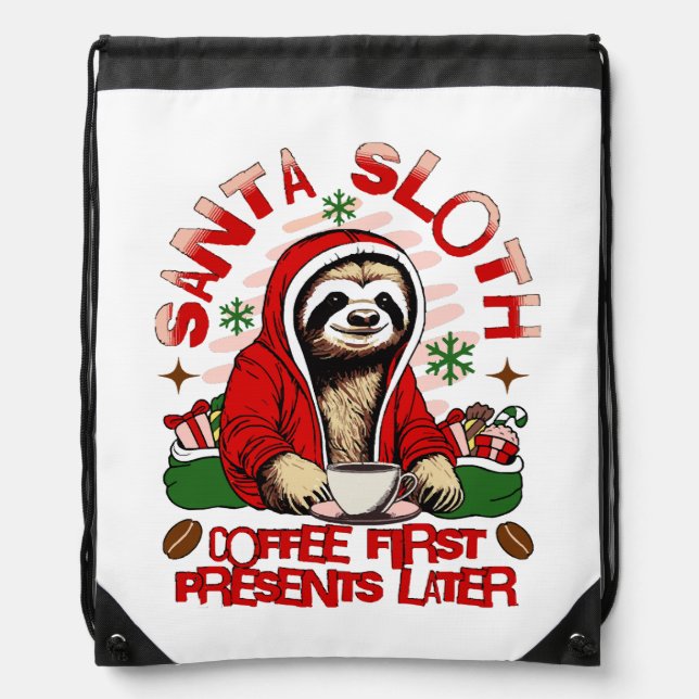 Santa sloth sipping coffee  drawstring bag (Front)