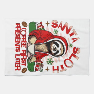 Santa sloth sipping coffee kitchen towel