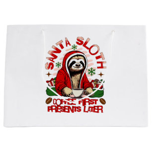 Santa sloth sipping coffee large gift bag