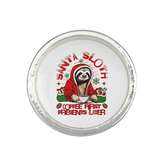Santa sloth sipping coffee  ring (Front)
