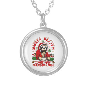 Santa sloth sipping coffee  silver plated necklace