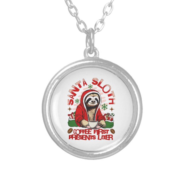 Santa sloth sipping coffee  silver plated necklace (Front)