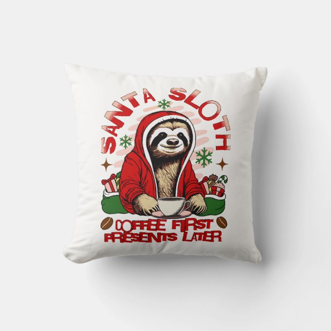Santa sloth sipping coffee  throw pillow (Front)