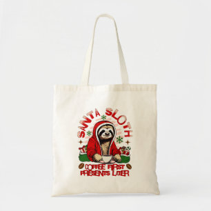 Santa sloth sipping coffee tote bag