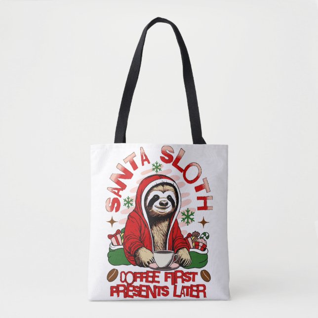 Santa sloth sipping coffee  tote bag (Front)