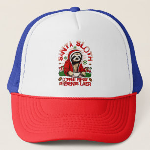 Santa sloth sipping coffee trucker hat