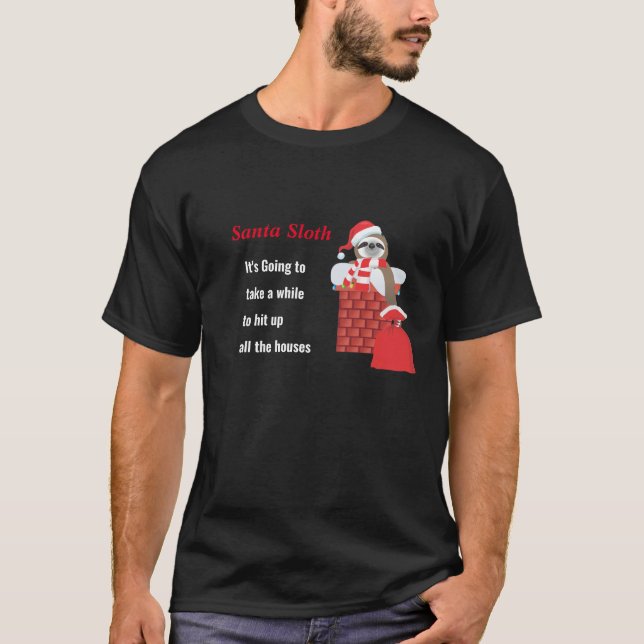 Santa Sloth with Bag in Chimney with Xmas lights T-Shirt (Front)