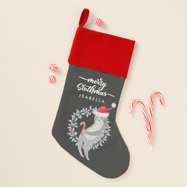 Santa Sloth Wreath Personalized Holiday Christmas Stocking (Front)