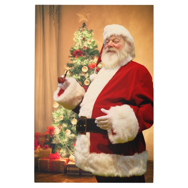 Santa smoking his pipe on Christmas night . Metal Print (Front)