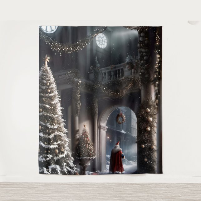 Santa Sneaking Away Christmas Magic Wall Art Tapestry (Front)